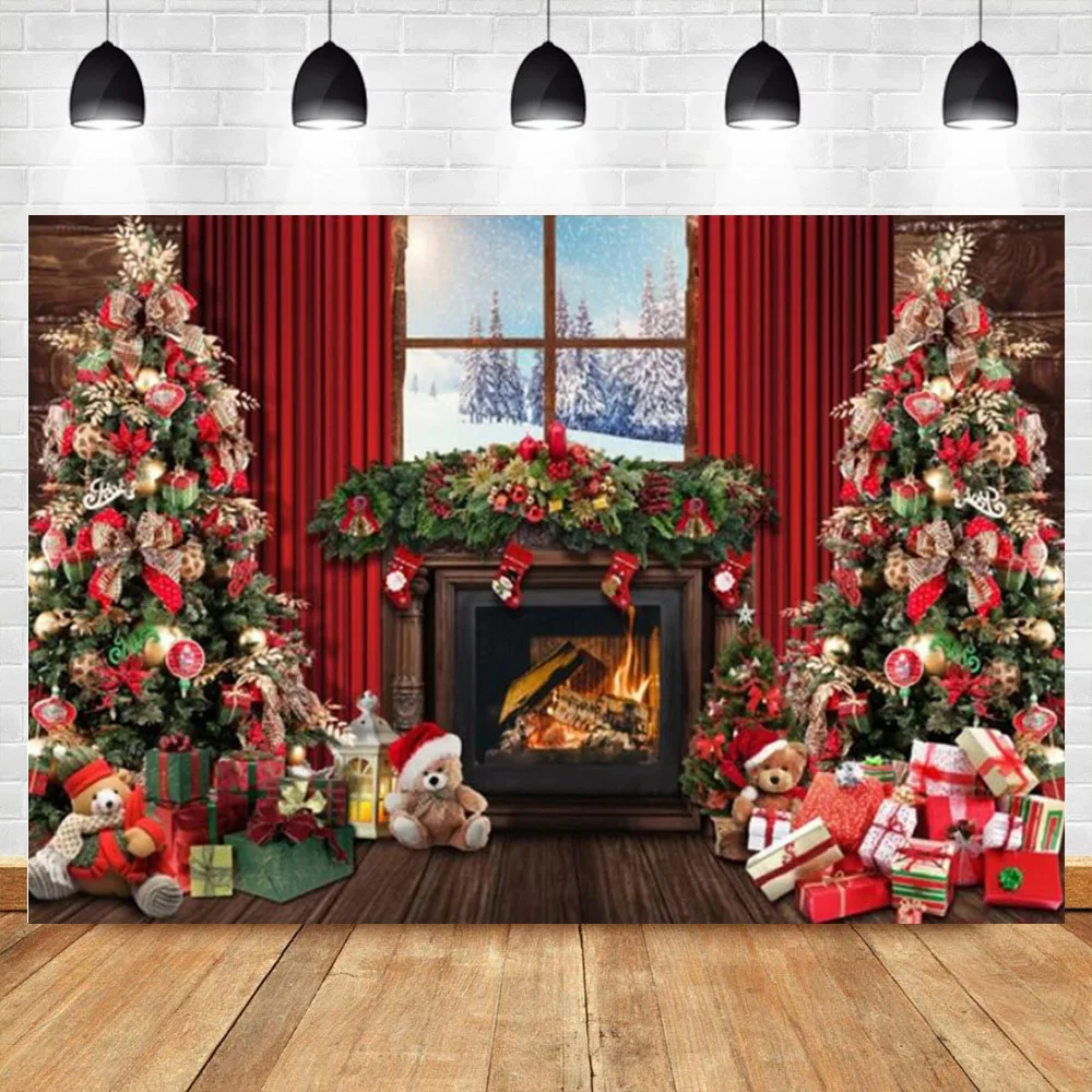 Christmas Photography Backdrops Window Snow Pine tree House Decoration Background Winter Photo Studio Shoot Booth Props AX-01