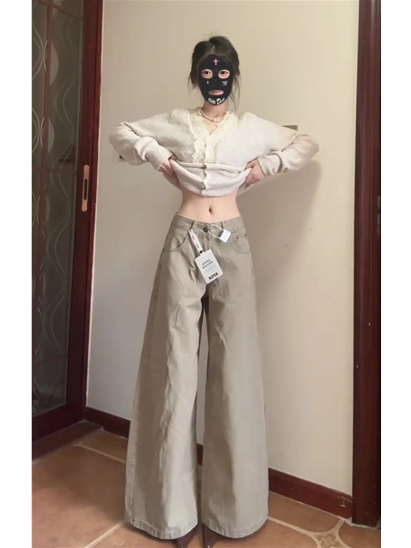 

Extended Length Khaki Wide Leg Jeans Women's Loose Drapey Versatile Slimming Floor-Length Casual Pants Spring Season