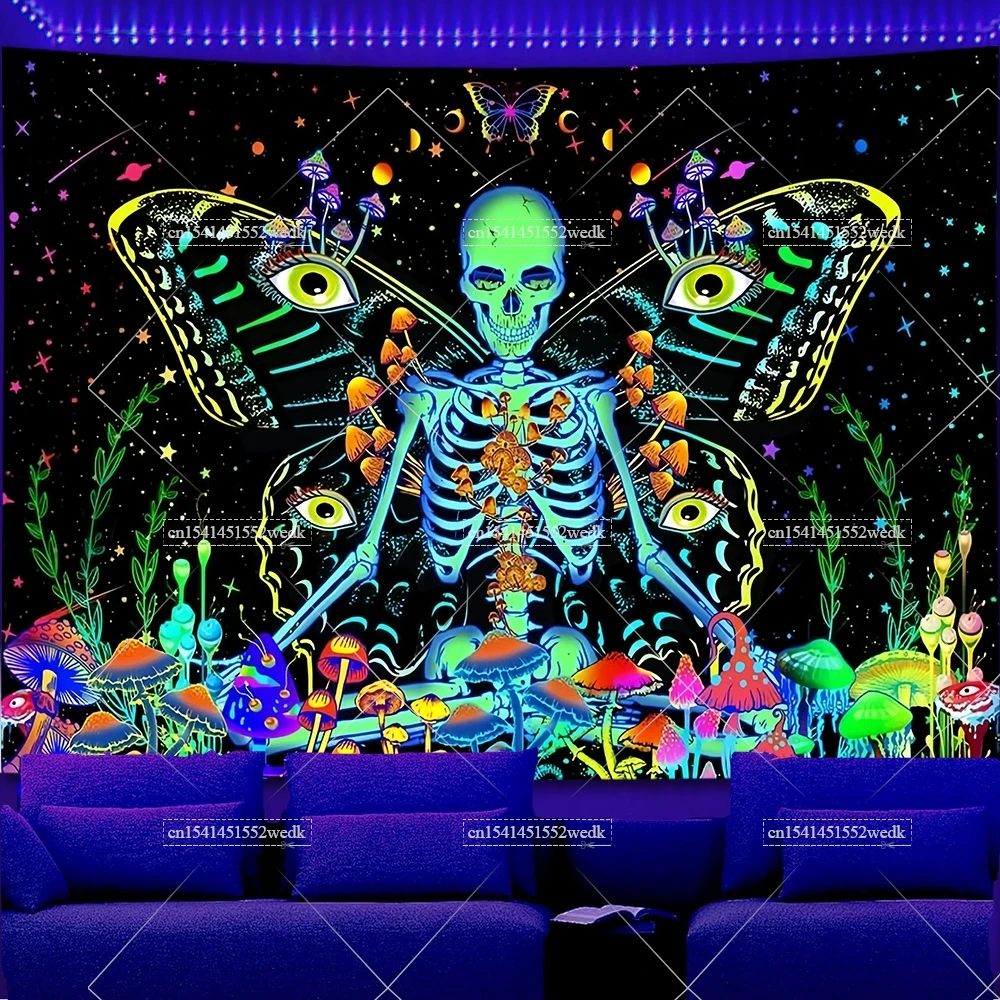 Moth Butterfly Blacklight Tapestry Eye Skeleton Neon Tapestry UV Reactive Glow In The Dark Mushroom Poster Aesthetic Room Decor