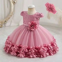 Flower Princess Dress For Girls 0 to 12 months Cute Bowknot Petal Clothes Baby Girl Gowns Embroidery Toddler Newborn One-piece