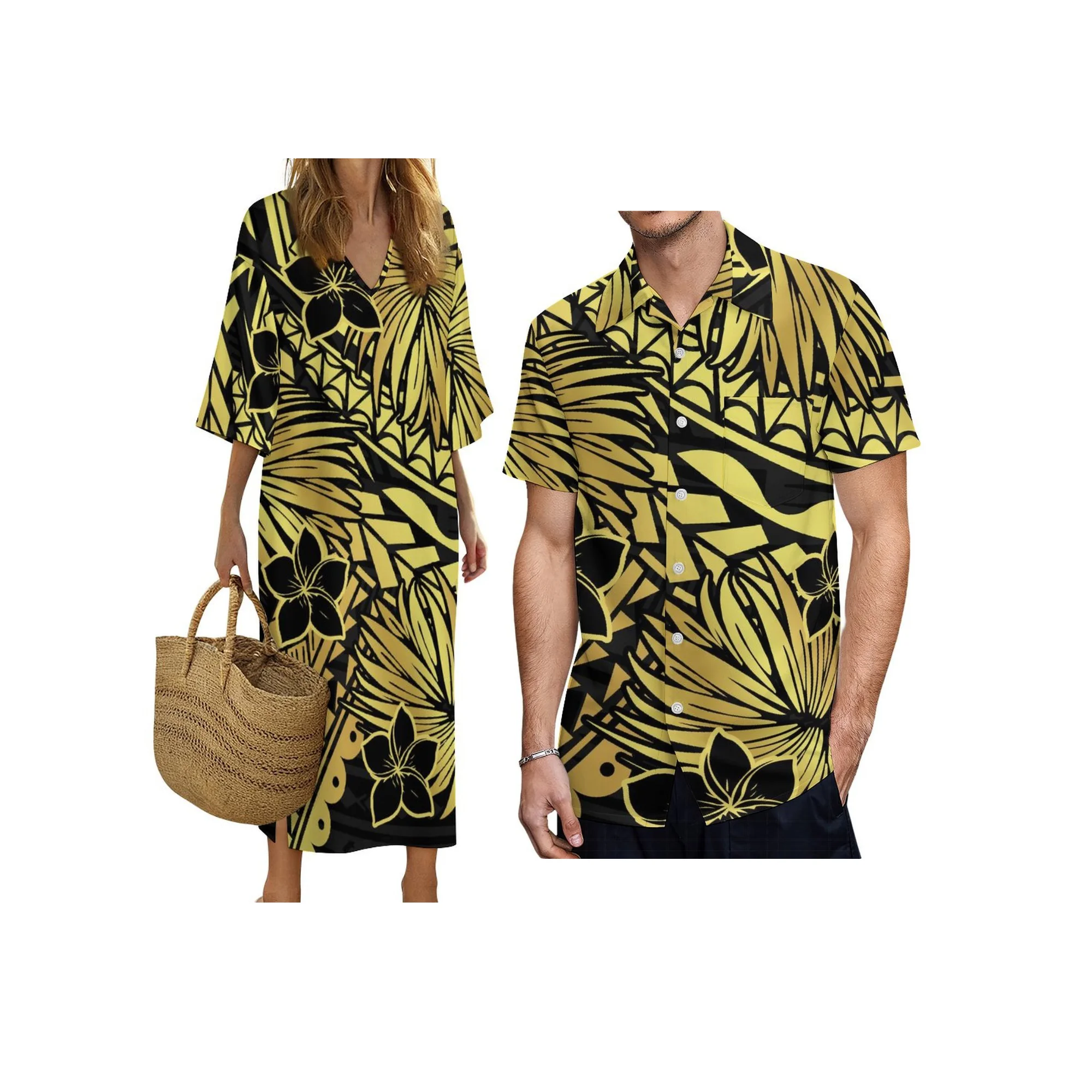 新しいカスタムメイドのハワイアンスタイルデザインファッションカップル服アロハメンズルーズシャツとディープVネック半袖レディースドレスのセット