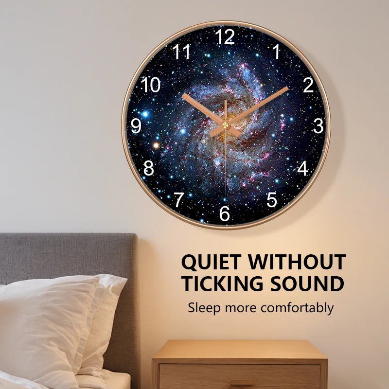 Reloj de Pared Cósmico de Diseño Personalizado, Silencioso, Sin Tictac, Redondo, con Marco Dorado y Negro para Decoración de Dormitorio o Sala de Estar