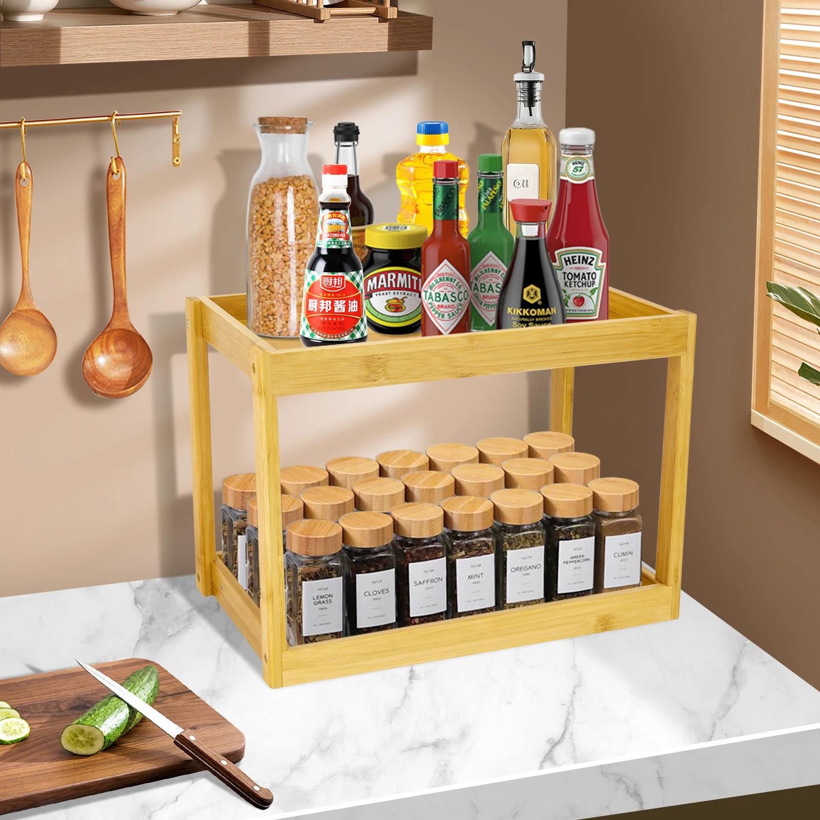 

1/2Pcs Kitchen Storage Bamboo Rack 2 Tier Seasoning Bottle Storage Rack Spice Organizer Under Sink Storage Kitchen Accessories