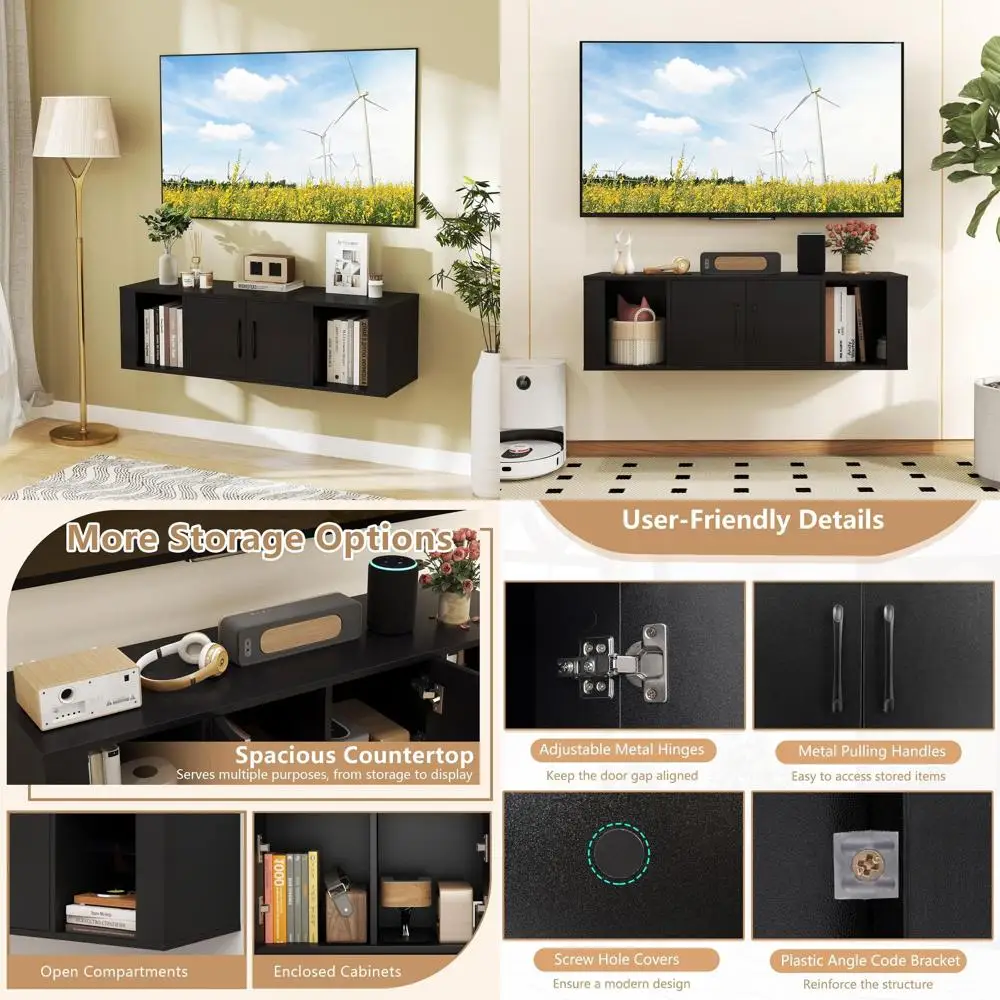 

Modern Black TV Stand with Doors, Wall-Mounted Entertainment Center for Living Spaces