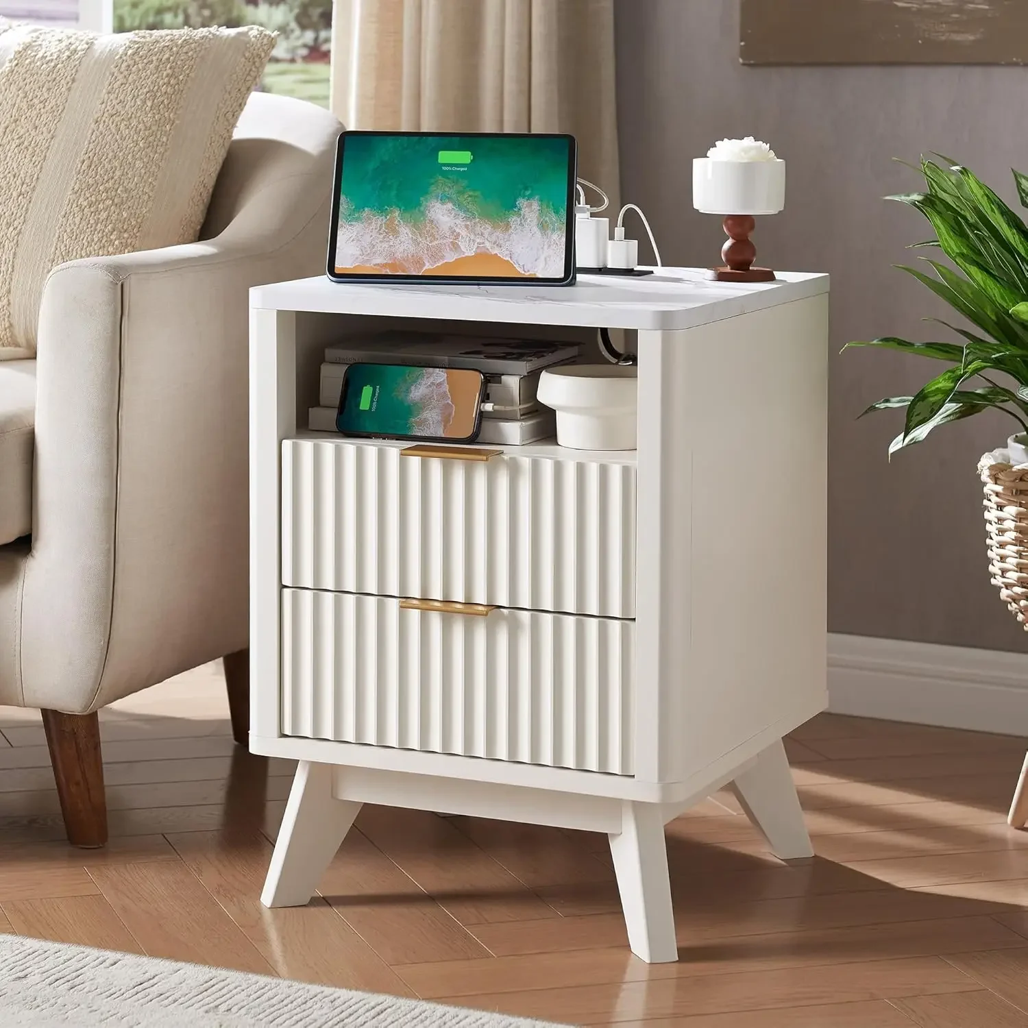 Fluted Nightstand with Charging Station, 18