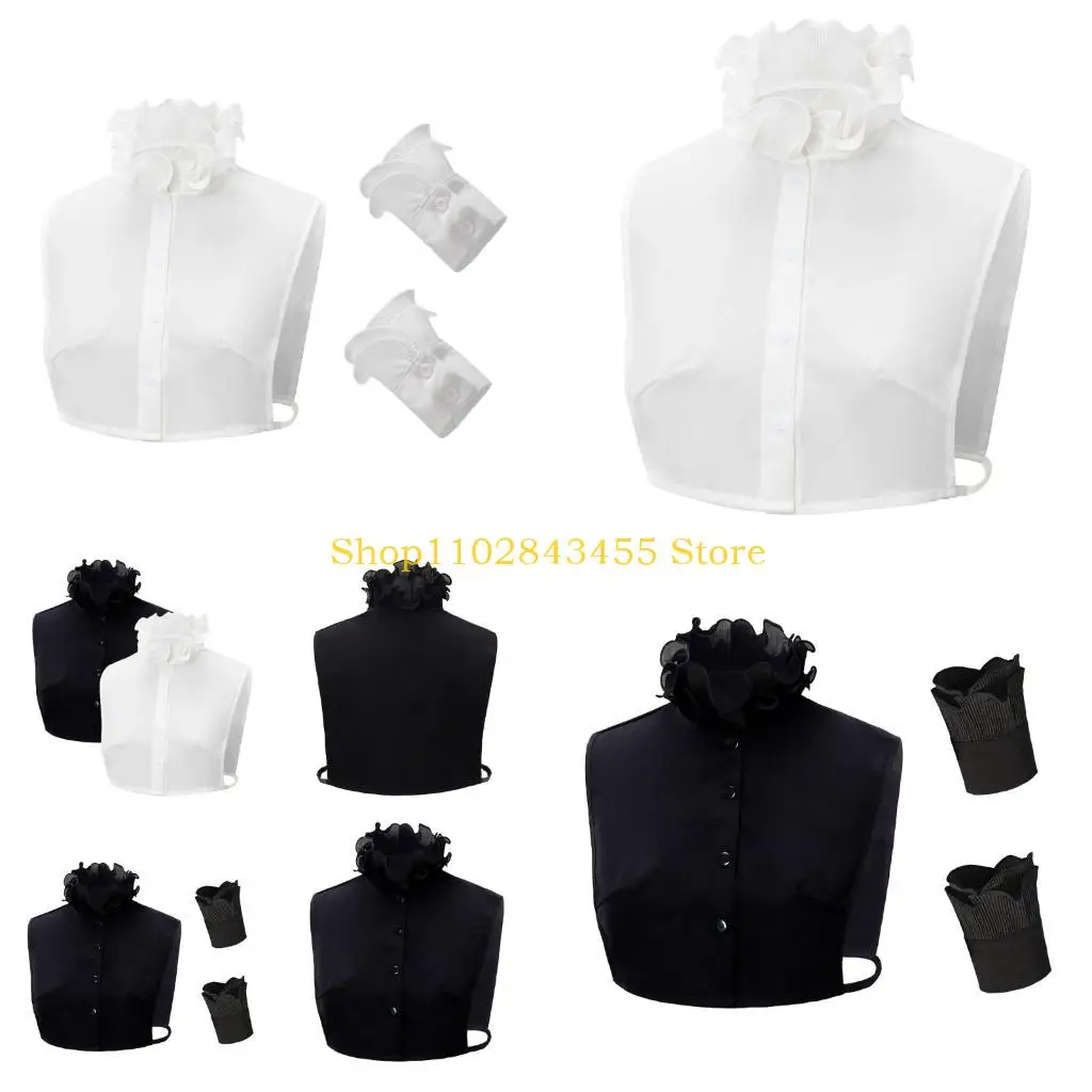 49mc-ヴィンテージエレガントなフリルスタンドフェイクカラーハーフシャツとフェイクカフスセット女性用