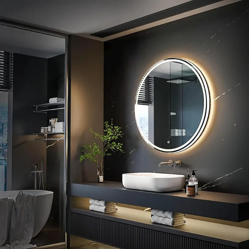 Large Modern LED Round Bathroom Vanity Mirror, Color Temperature Adjustable, Anti-Fog Dimmable Lights, Easy to Install