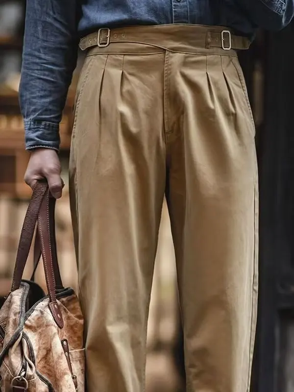 Naples Casual Pants Men's American Workwear Loose Straight Leg British Style Long Trousers Cotton mid Waist Button Fly