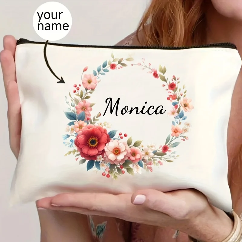 

Personalized Name Makeup Bag Storage Bag for Women Teachers Bridesmaids Personalized Floral Design Lightweight Fashion Bags