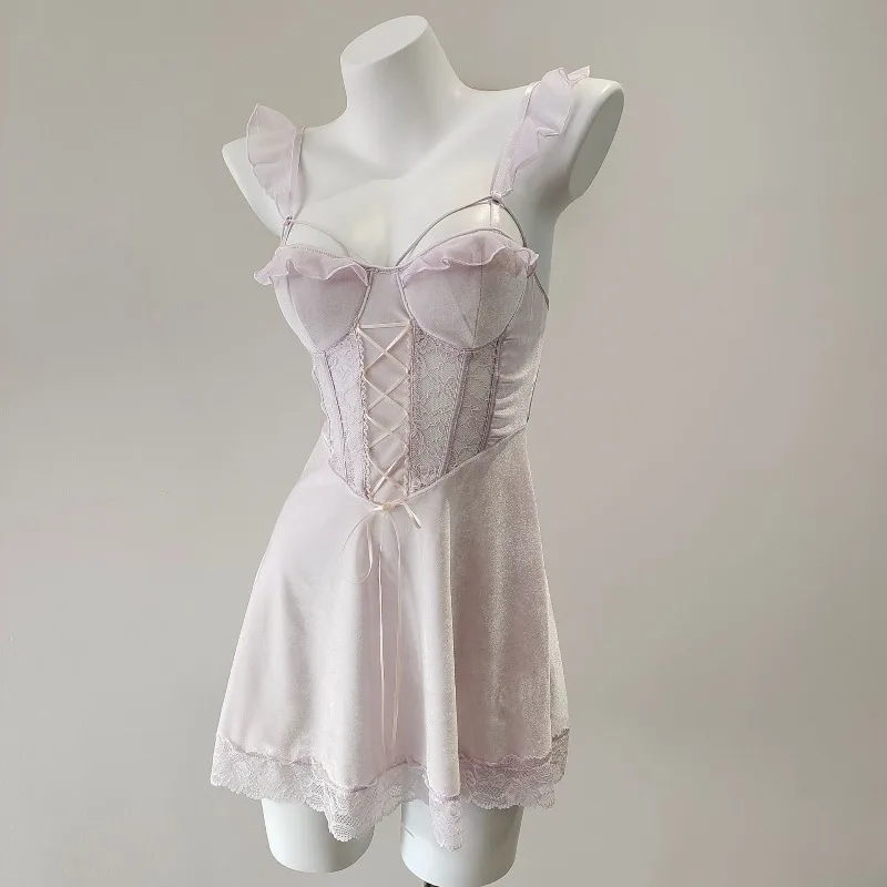 프랑스 섹시 벨벳 파자마 여성용 나이트가운 겨울용 가슴 패드 포함 서스펜더 나이트드레스 리본 스트랩 드레스 여성용 라운지웨어