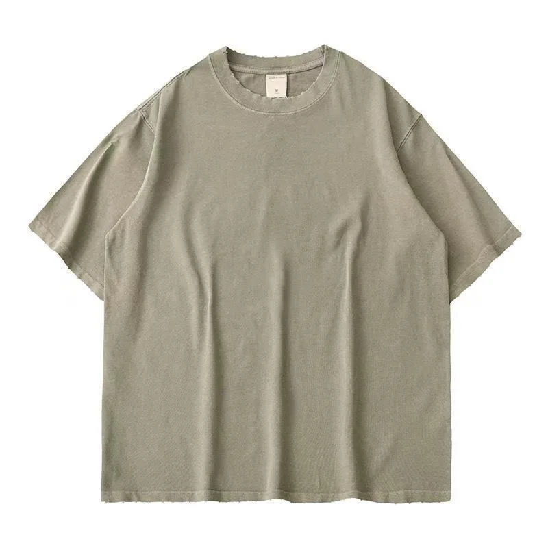Summer European and American Trendy Brand Retro Washed and Aged T-shirt 300G Round-neck Heavy Wear