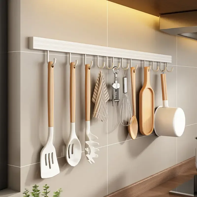 20/30/40/50cm White Kitchen Hook Holder No Punch Wall Hanging Rod Space Aluminum Row Hook Spatula Spoon Shovel Storage Rack