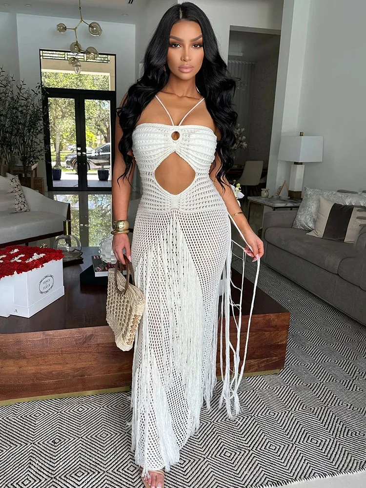 

Sexy Spaghetti Strap Strapless Beach Dress Woman Party Club Knitted Hollow Out See Through Tassel Bodycon Maxi Dresses Holiday