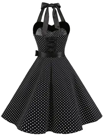 Damklänning med prickigt tryck, sexig retro, vit halterneck, vintageklänning, rockabilly-festklänning, feminin, pin up-klänning 6 best sales pinup-klänning - №1