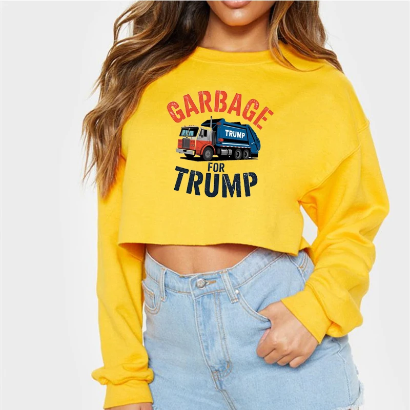 Garbage For Trump Crop Pullover Cartoon Text Pattern Streetwear Y2k Autumn Clothing Women Sweatshirts