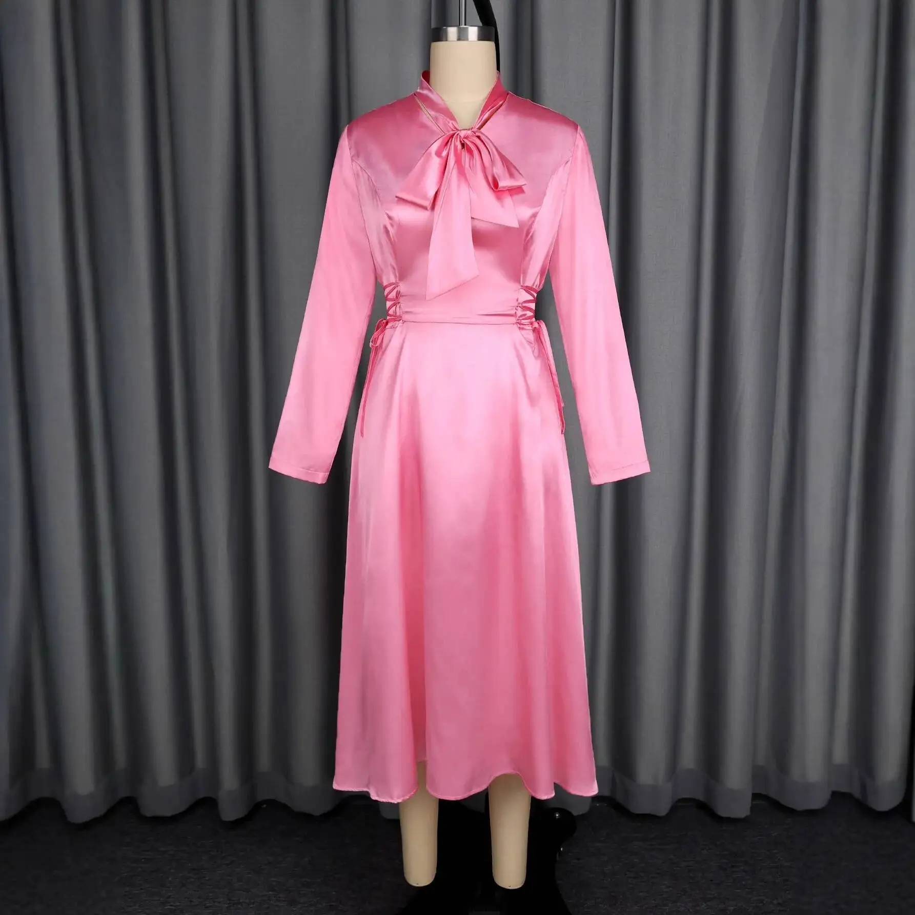 

Осеннее атласное платье с воротником-стойкой и длинными рукавами, элегантное вечернее платье с галстуком-бабочкой на талии, 2024, летнее платье, халат, женское платье