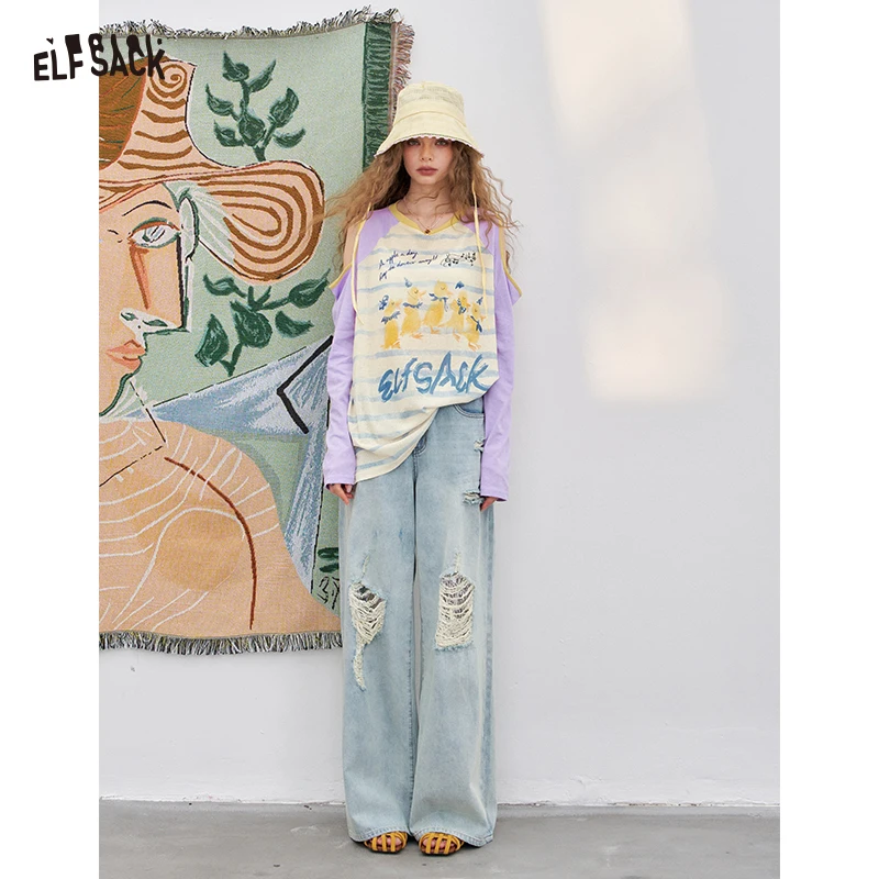 

ELFSACK 2025 Summer New Arrival loose niche colour Clashing strapless printed long sleeve t-shirt