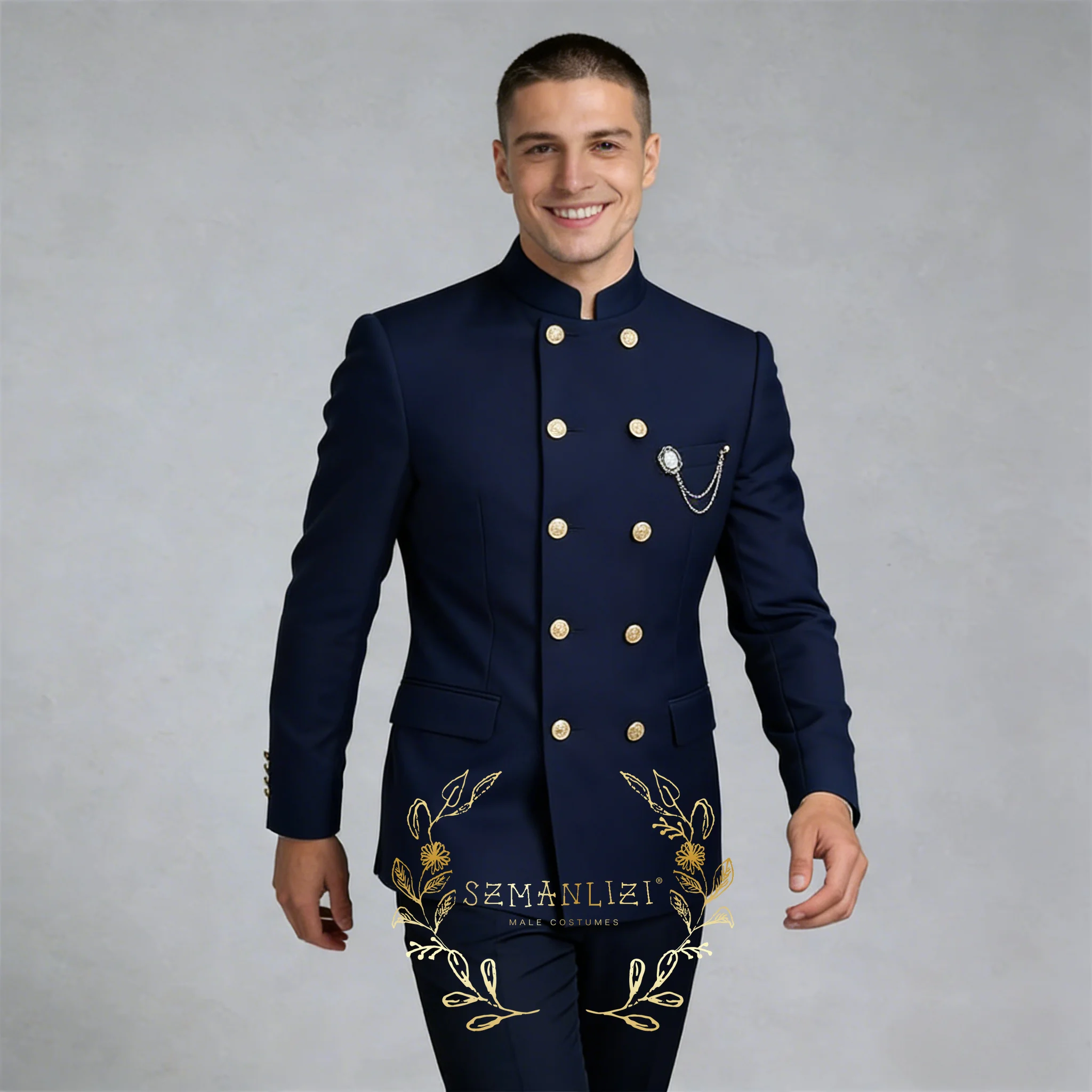 

Мужские костюмы для свадьбы в темно-синем цвете, двубортные, 2 предмета: пиджак + брюки, с воротником-стойкой, комплекты блейзеров, одежда для жениха и свидетелей.