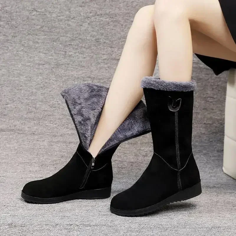 New Warm Chelsea High Fur Boots Winter Shoes for Women Fashion Snow Flat Boots Plus Velvet Large Size Mid-calf 41 Botas Mujer