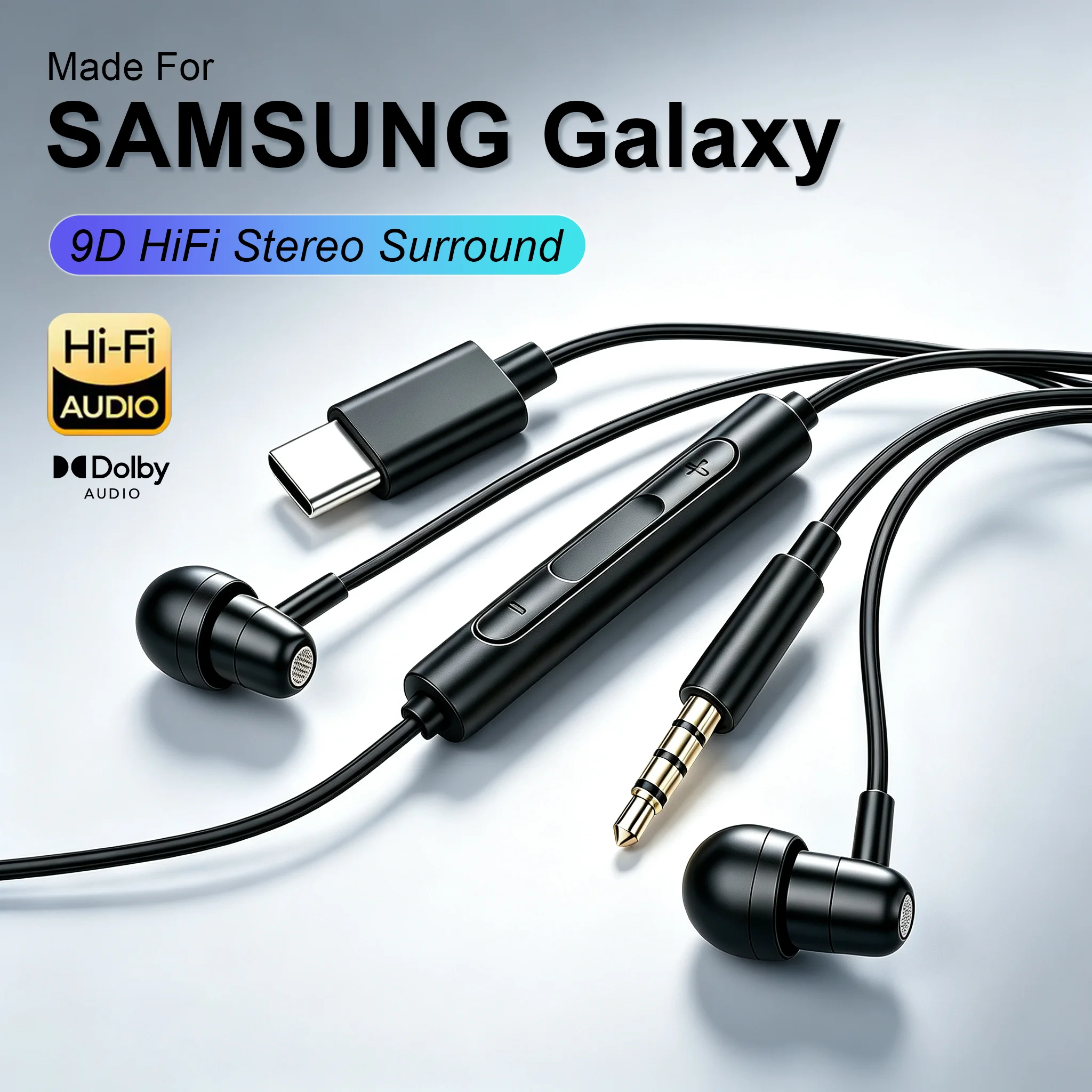 Type C Wired Headphones HiFi Stereo in Ear Earphones 3.5mm Sleeping Earbuds With Mic For Samsung Galaxy S26 S25 S24 S23 Headset