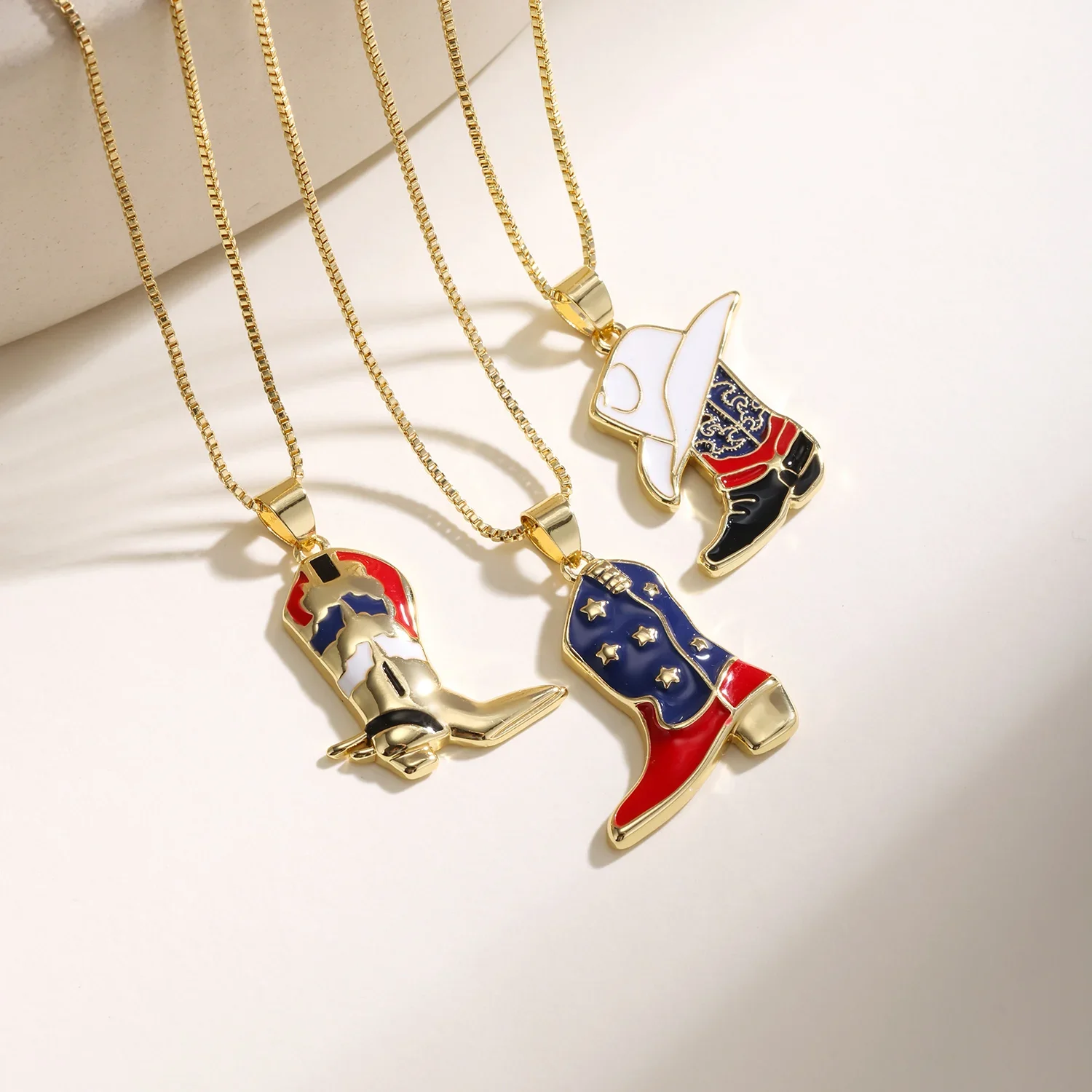 Nidin Western Cowboy Boot Hat Pendant For Women Men Enamel Texas Country Style Jewelry Vintage Patriotic Star Flag Necklace Gift