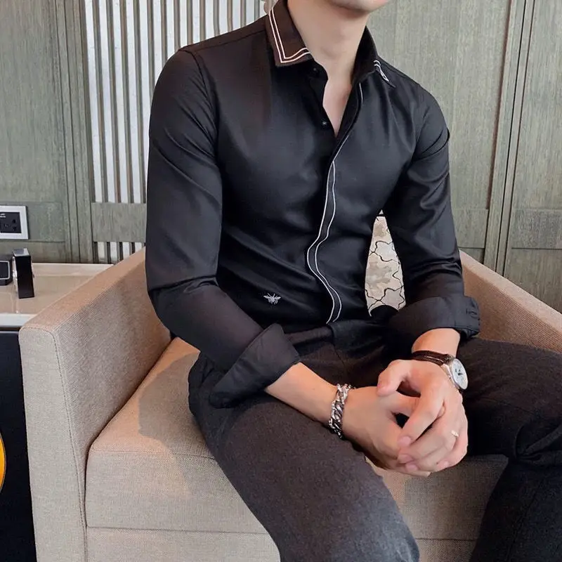 Elegant Fashion Harajuku Slim Fit Blusa a Peaked Collar Solid Button Long Sleeve Outerwear Loose Casual All Match Male Clothes