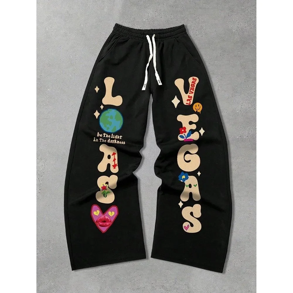 Herren Gothic Vertikale Grafik Weite Jogginghose mit Kordelzug Lose Gerade Baggy Y2K Dark Punk Streetwear Hose – Detail 4