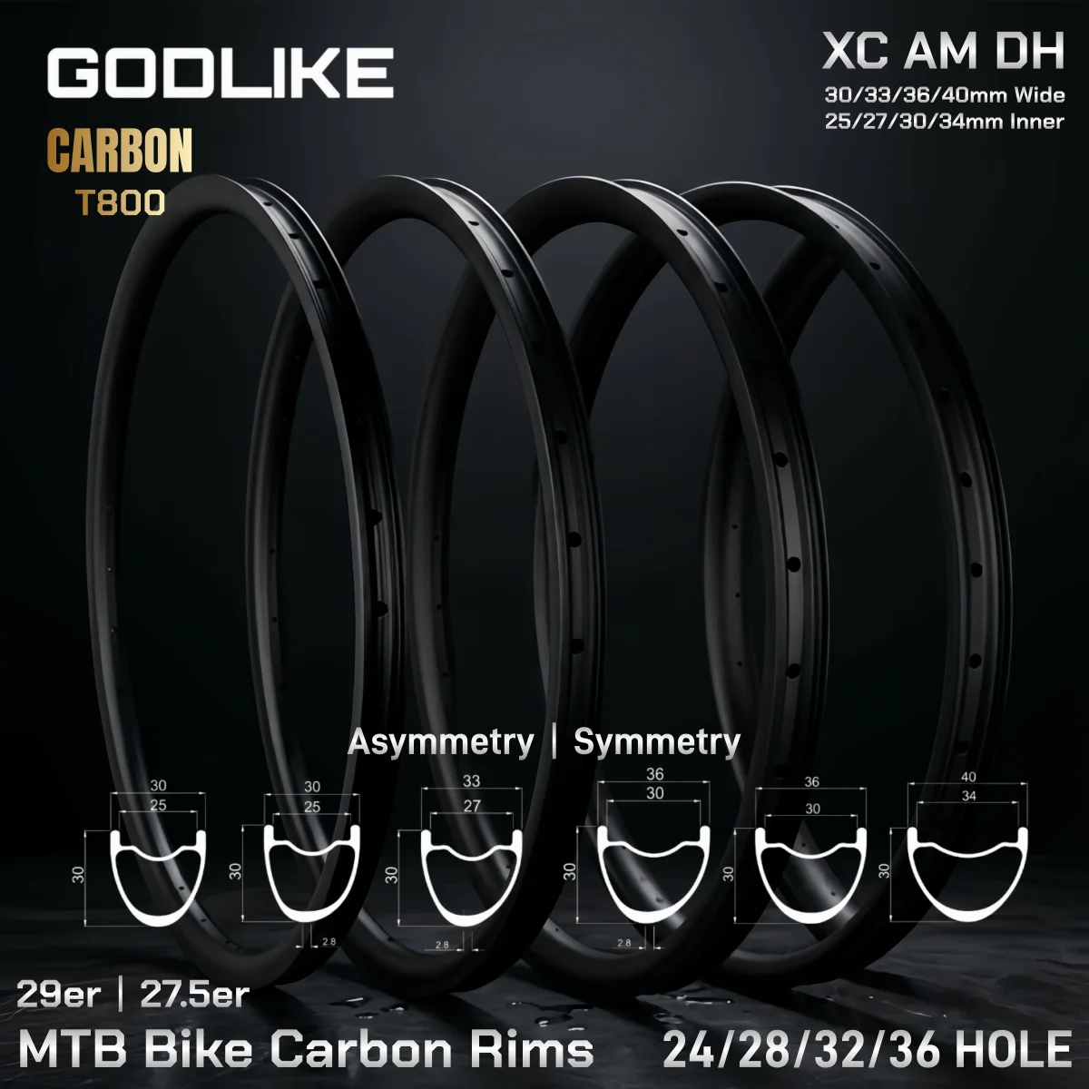 GODLIKE Light 29er 27.5er MTB Bike Carbon Rims Disc Tubeless 30/33/36/40mm Wide XC AM DH 650b Disc Mountian Wheel Rims OEM/ODM