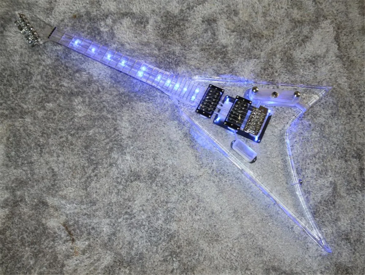 Good quality acrylic electric guitar with blue led light fly V electricas electro electrique guitare guiter guitarra gitar