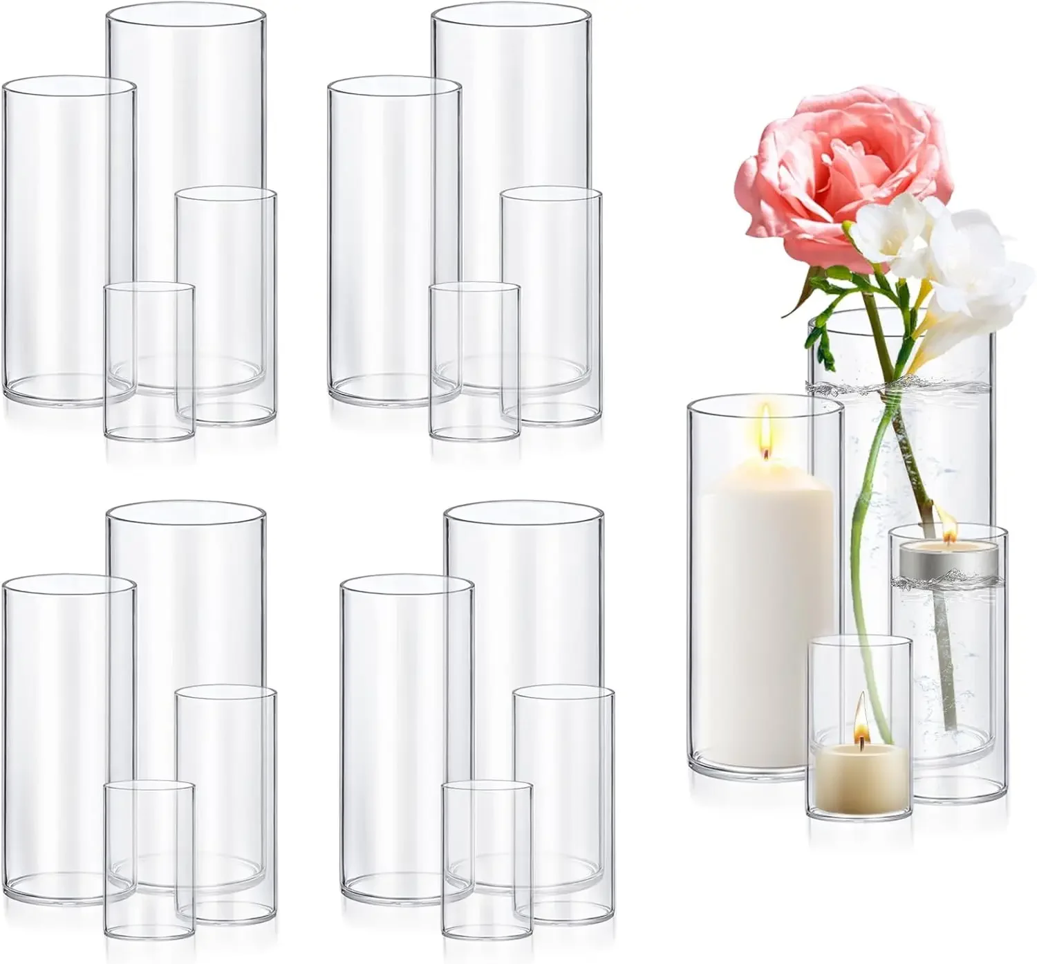 16 Pack Glass Cylinder Vases 4,6,8,10 Inch Tall Clear Flower Vase Hurricane Floating Candle Holder for Table Centerpiece Wedding