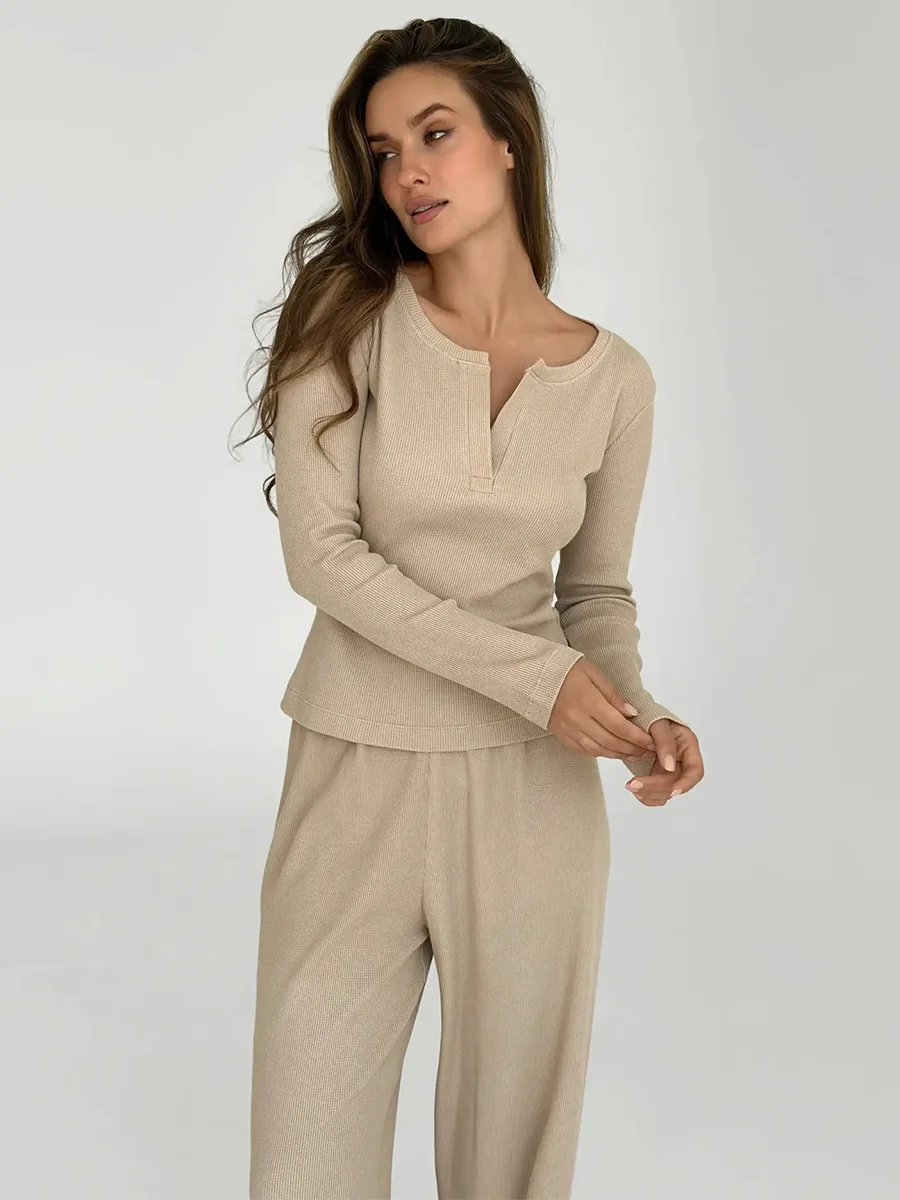 

Muzuleva Women's Autumn New V Neck Long Sleeve Pants Pajama Set Ribbed Texture Women's Slim Fit Pajama Loungewear