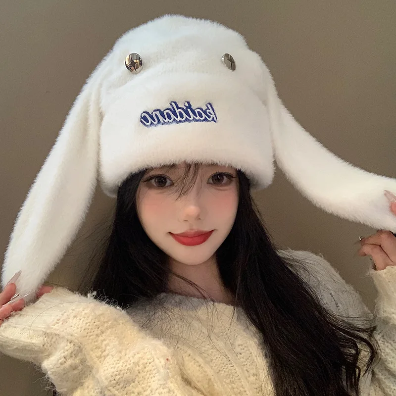 لطيف آذان أرنب صغير الأبيض أفخم تو قبعة الباردة قبعة المرأة الخريف والشتاء سدادات حماية الأذن قبعة دافئة كومة فتاة هدية H1