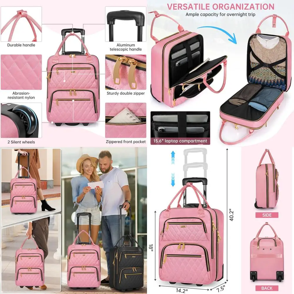 Bolso de mano para asiento con ruedas, ligero, color rosa, con asa extensible, para viajeros y tripulación