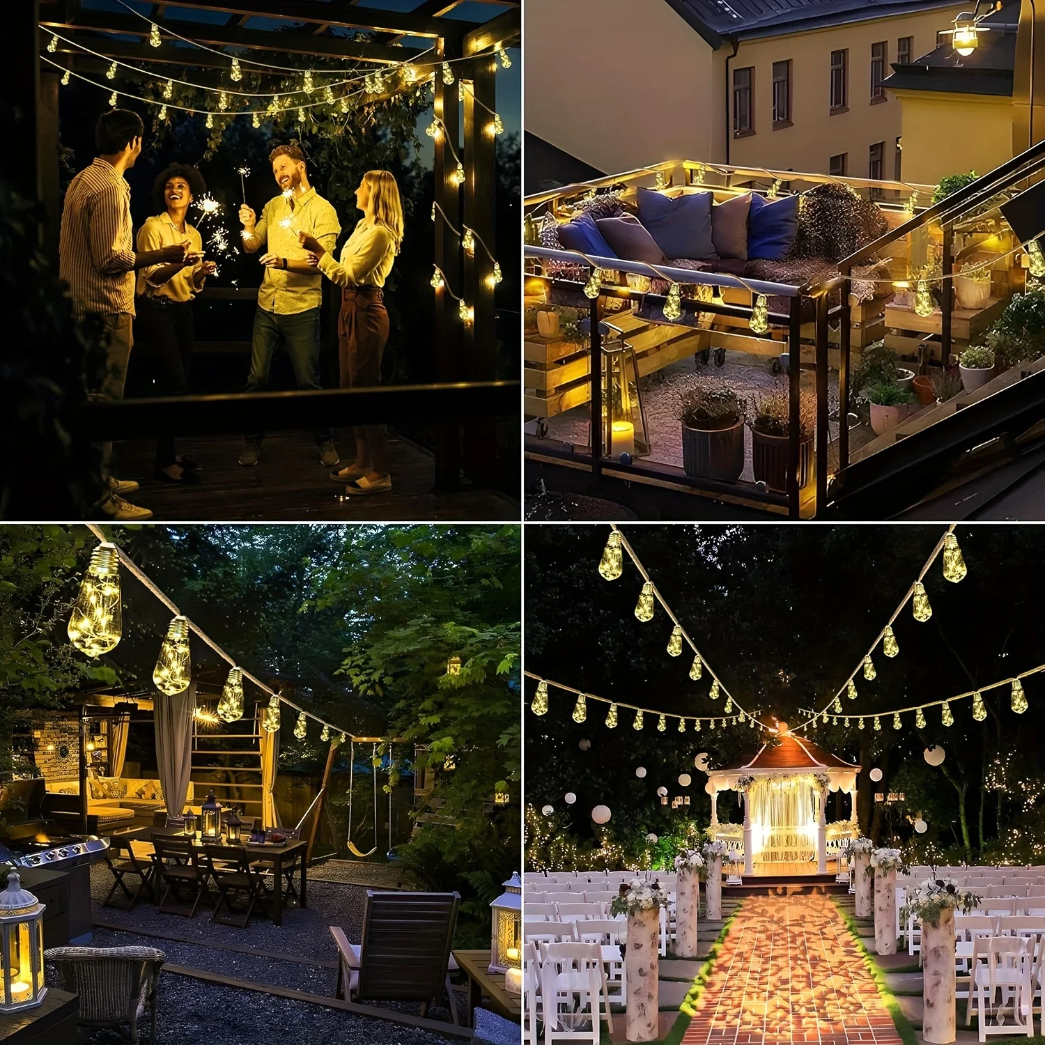 Cuerda de cáñamo alimentada por energía Solar, 8 modos de iluminación, bombillas S14 de 8M, 16 piezas, para exteriores, Patio, jardín, decoración de fiesta