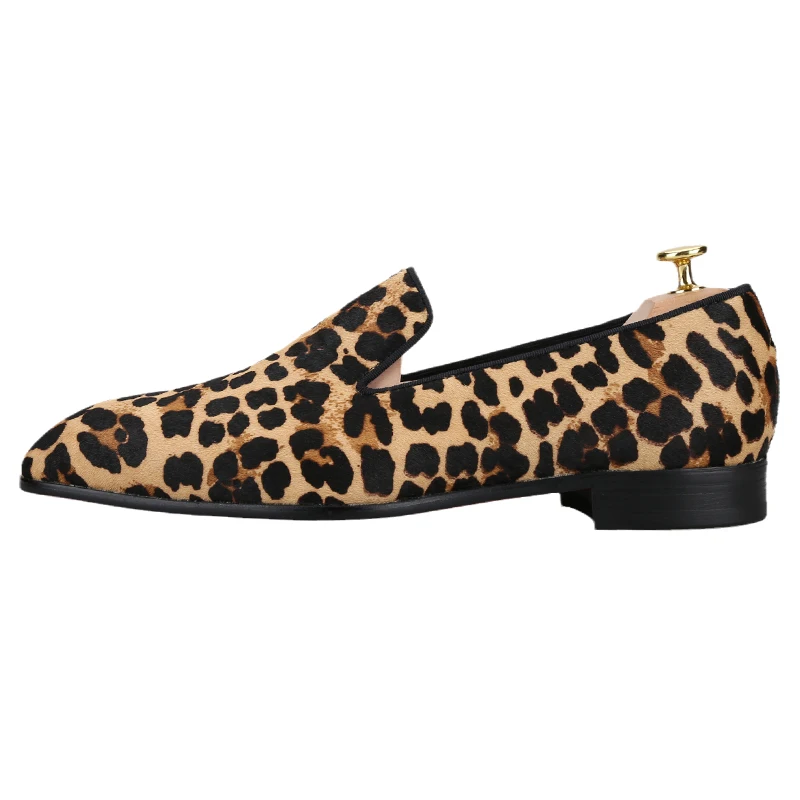 Piergitar 2025 New Style Leopard Print Horsehair Men's Loafers Handmade Slip-On Slippers Red Color Bottom Plus Size Male Flats