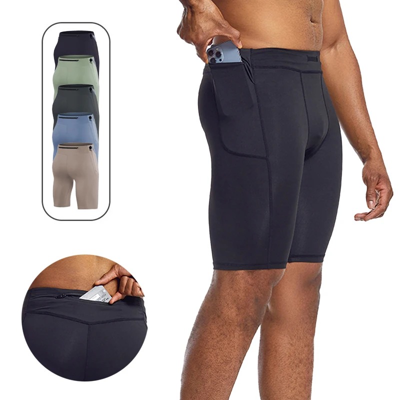 

Мужские шорты для тренировок с карманами на молнии сзади, 5-дюймовые компрессионные шорты, быстросохнущие высокоэластичные эластичные шорты для бега, йоги, тренажерного зала