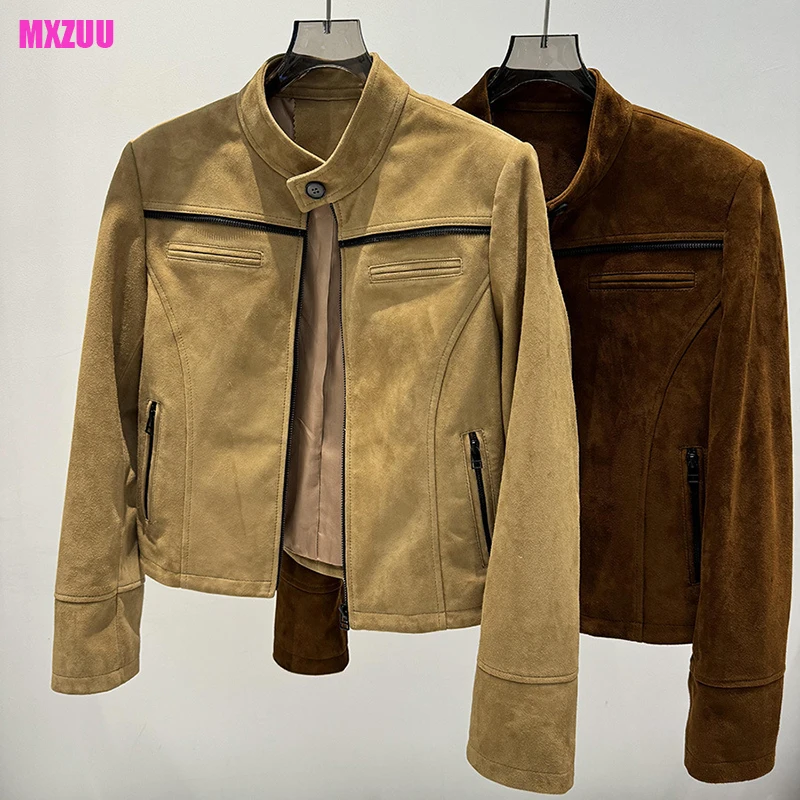 Suede Jacket for Women Natural Sheepskin Slim Short Khaki/Brown American Vintage Suede Leather Coat Chaqueta Piel De Oveja Mujer