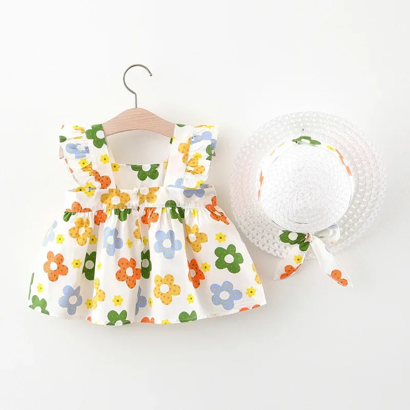 New In Baby Girl Summer Outfits Korean Cute Flowers Sleeveless Cotton Print Kids Dresses+Sunhat Princess Dress For Kids BC015