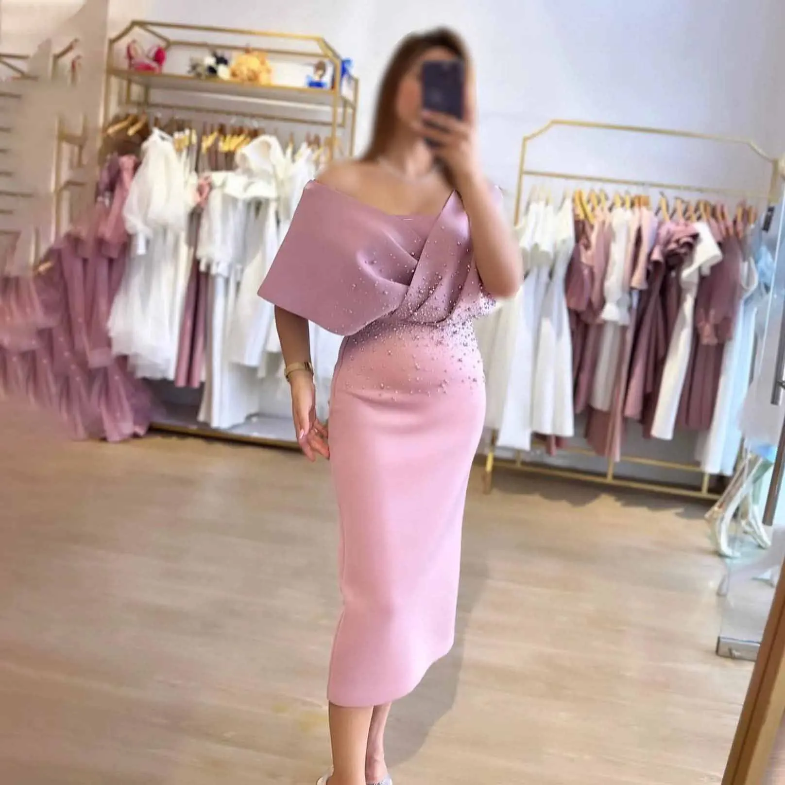 Off Shoulder Customized Formal Evening Dresses Pearls Short Sleeves  فساتين سهرة  Ankle Length Elegant Prom Growns Party Women