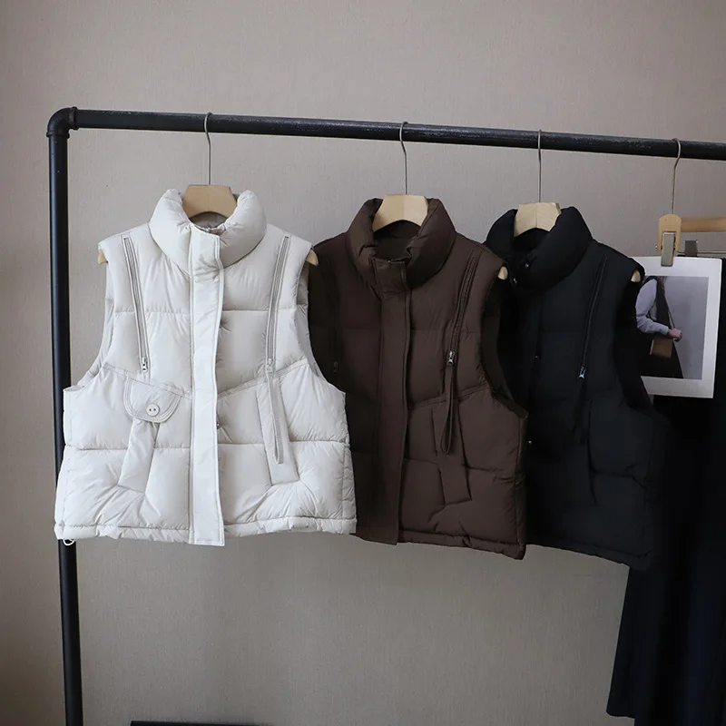 

Korean Fashion Stand Collar Women Cotton Vest Autumn Winter New Trend Solid Color Waistcoat Jackets Female Zipper Warm Outerwear