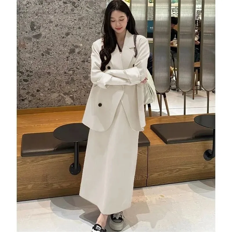 

Korean Ladies Long Sleeves Suit Skirt 2025 Female Solid Color Blazer Long Skirts 2PCS Autumn Women New Tops Maxi Skirt Outfit