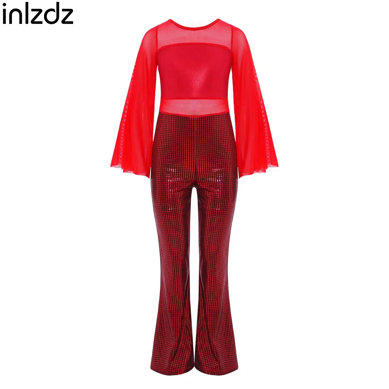 

Kids Girls Latin Jazz Dance Jumpsuit Metallic Bell-Bottom Bodysuit Child Ballroom Ballet School Show Stage Performance Costume