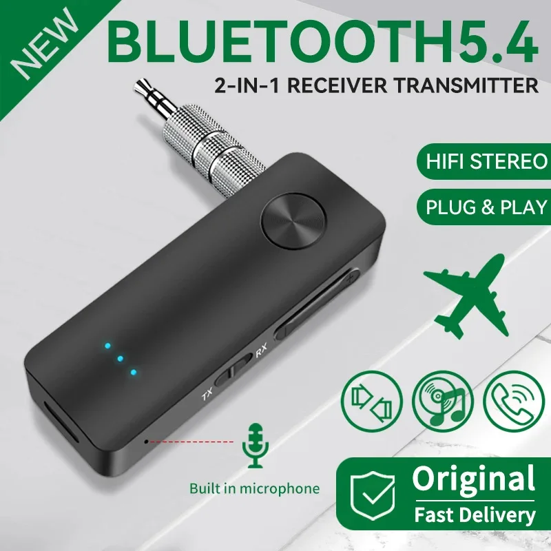 

2 In 1 Bluetooth 5.4 Audio Receiver Transmitter Hifi Stereo Wireless Adapter 3.5MM AUX With Mic For Car Airplane TV PC Speaker