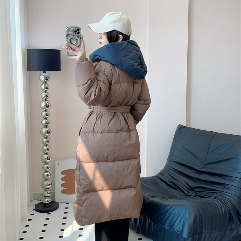 Women\'s Adjustable Waist Coat 90% White Duck Down Jacket Fashion Fake Two-piece Down Jacket Detachable Hooded Warm Loose Parka