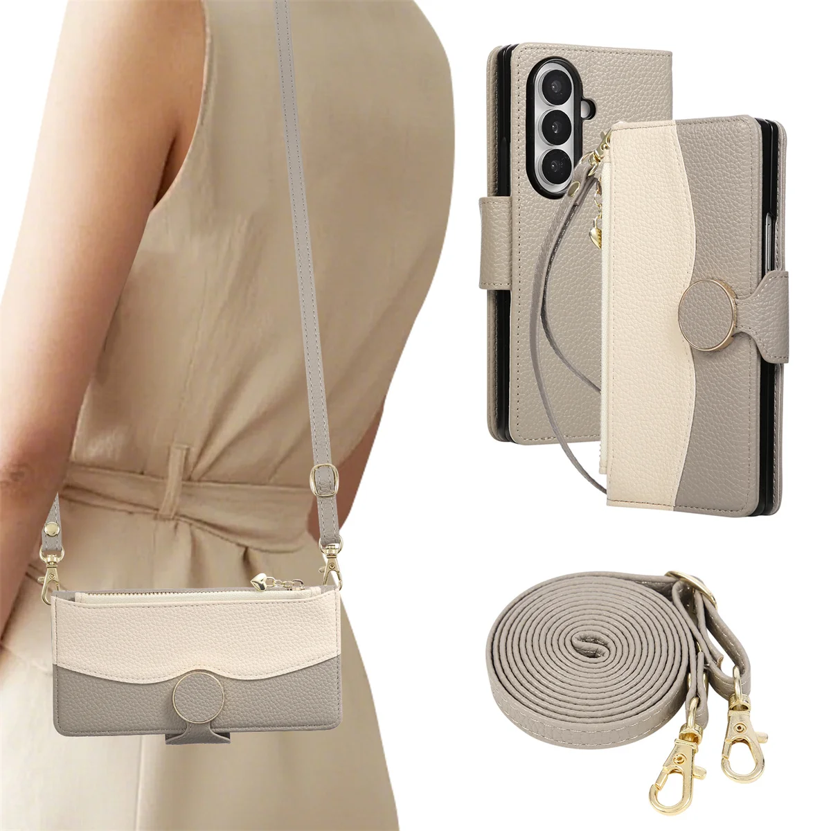 Crossbody zíper cartões solt carteira de couro caso telefone para samsung galaxy z fold 7 6 5 4 3 5g cordão bolsa capa protetora