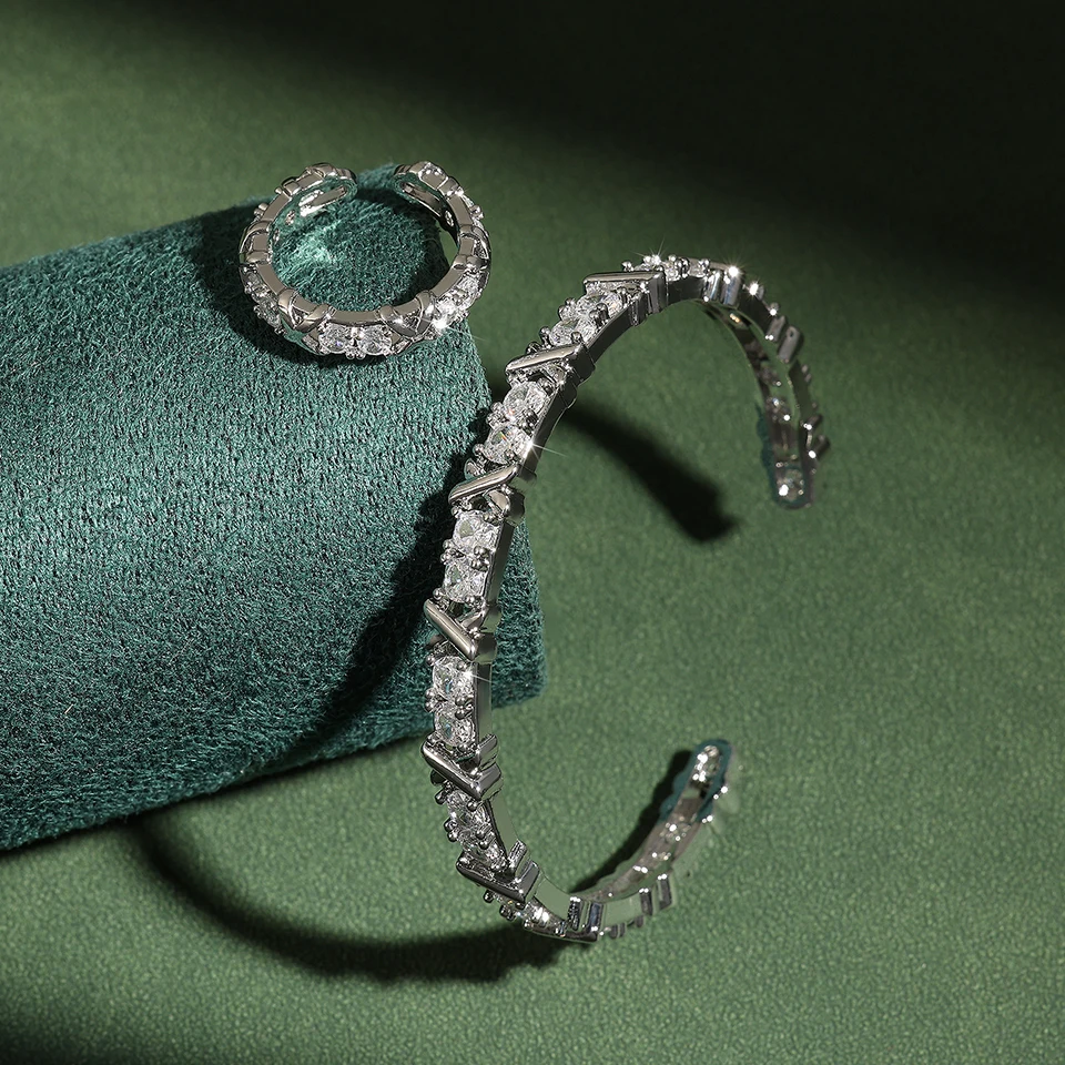 Yupsk كلاسيكي AAA الزركون C على شكل الكفة سوار خاتم مجموعة للنساء الصليب تصميم تشيكوسلوفاكيا المشاركة مجوهرات الزفاف #4