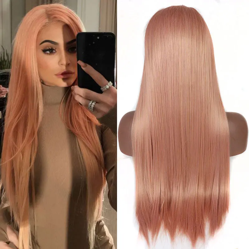 

Straight Synthetic Hair Lace Front Wig Rose Mix Gold Pink Heat Resistant Fiber Hair Natural Hairline Free Parting For Women Wigs
