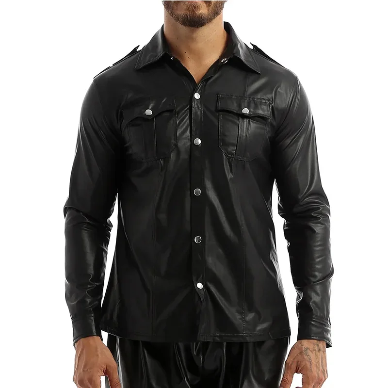 Men\'s Faux Leather Shirts Casual Nightclub Stage Costumes Long Sleeve Button Up Shirt PU Leather Wetlook Dance Clubwear 2024