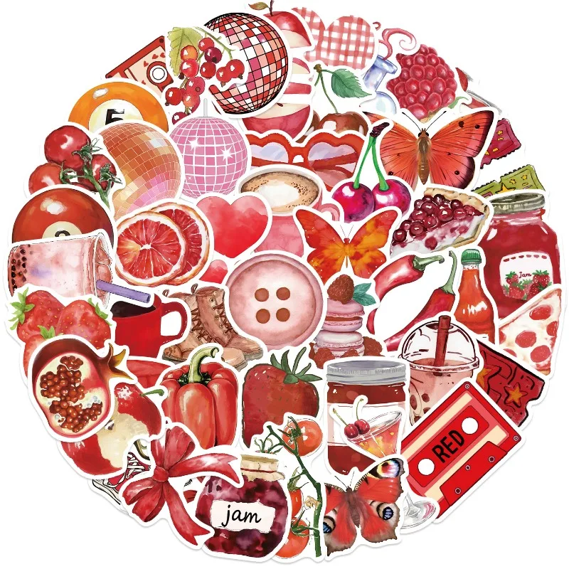 50Sheets Cartoon Cherry Downtown Sticker Cute Aesthetic Vinyl Decals for Guitar Laptop Luggage Journal DIY Scrapbooking Supplies