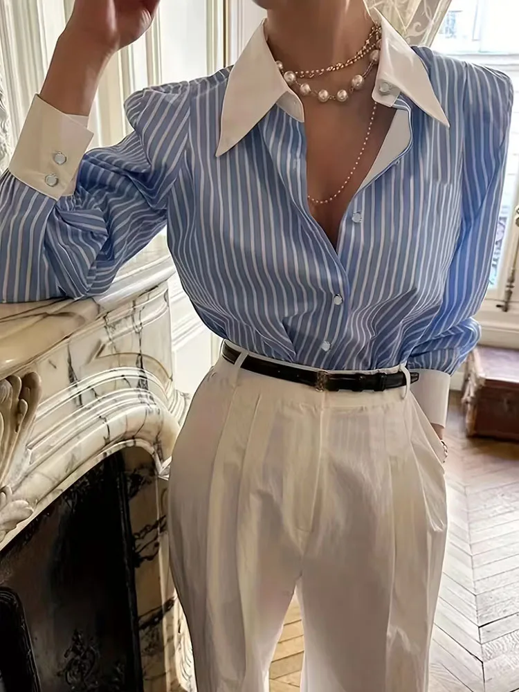 New Plus Size Contrast Collar Cuff Blue-White Striped Long-Sleeve Shirts Big Size Elegant Women's Blouses Deals Large Size Tops